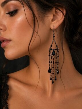 Vtg Gunmetal Black Witchy Gothic Beaded Extra Long Chandalier Earrings